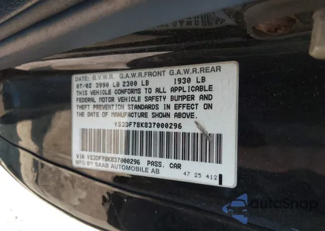 2003 Saab 9-3 Se z USA, uszkodzony, nr VIN YS3DF78K837000296